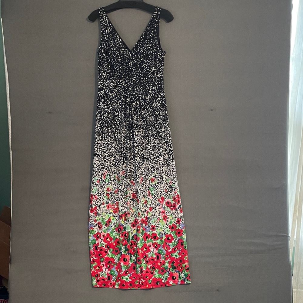 Chaps Black Maxi White Dress with Red & Green Floral Hem